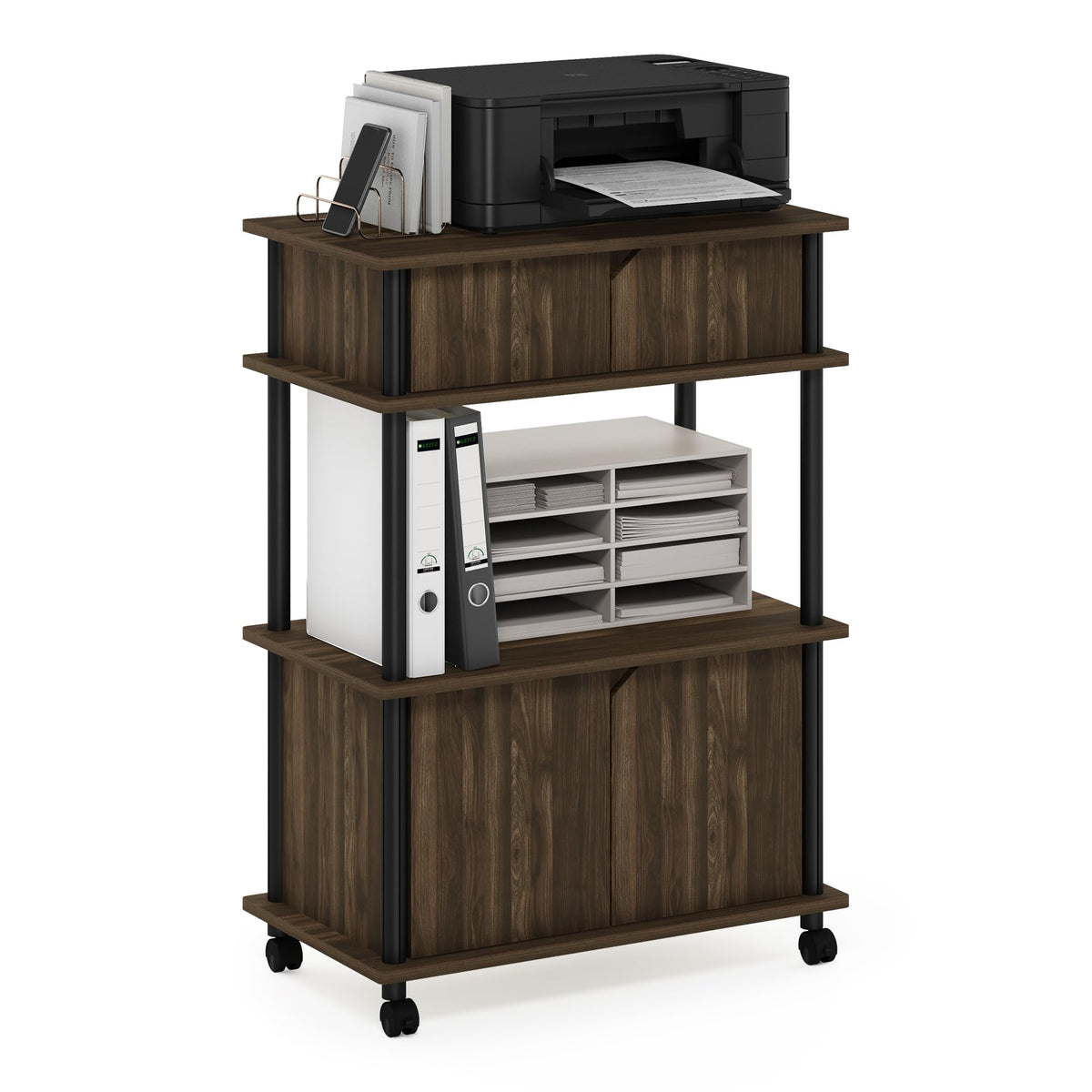 Furinno TURN-N-TUBE Printer Stand with Storage, 4-Tier Printer Stand with Wheels, Large Printer Stand, for CPU, Office Supplies, Home Office