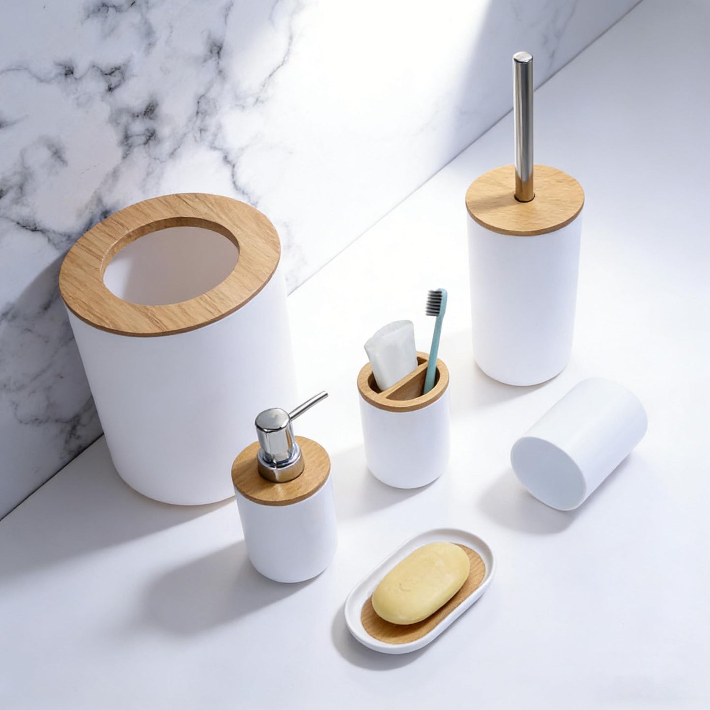 JETAINE 6 Pieces Bamboo Bathroom Accessories Modern Bathroom Accessory Set Luxury Bathroom Bin and Toilet Brush Set