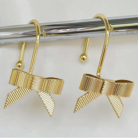 AstraGlam 12PCS Gold Bow Shower Curtain Hooks Rust Proof, Shower Rings for Curtain, Metal Shower Curtain Hooks Decorative for Bathroom