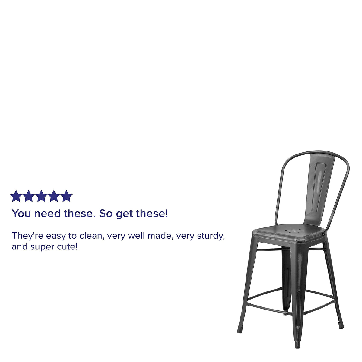 Flash Furniture Blake Commercial Grade 4 Pack 24" High Distressed Black Metal Indoor-Outdoor Counter Height Stool with Back