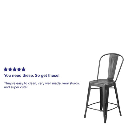 Flash Furniture Blake Commercial Grade 4 Pack 24" High Distressed Black Metal Indoor-Outdoor Counter Height Stool with Back