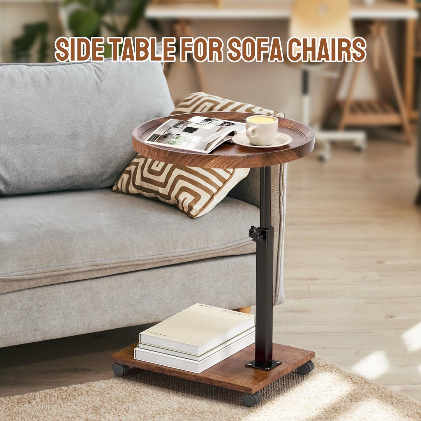 YYW Adjustable C Shaped Side Table with Wheels, 360° Swivel Sofa Table