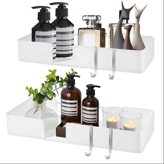 ABCOOL Shower Caddy Floating Bathroom Shelves - Set of 2, No Drill Wall Mounted Adhesive Hanging Shelves with Hooks Decorative Storage Shelves for