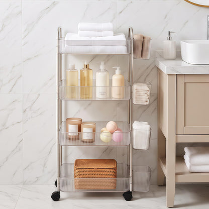 Nidoul 4-Tier Acrylic Rolling Storage Cart,Storage Trolley Lockable Wheels with 4Pcs Extra Hanging Cups Handles for Bathroom,Kitchen Storage and