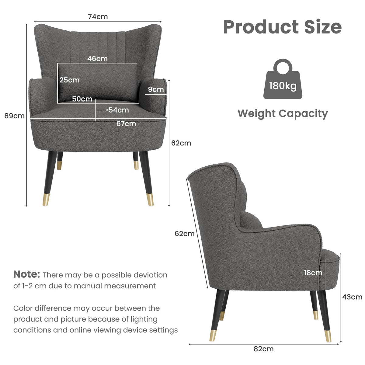 Vesgantti Teddy Accent Chair with Lumbar Pillow, Wing Back Large Armchair