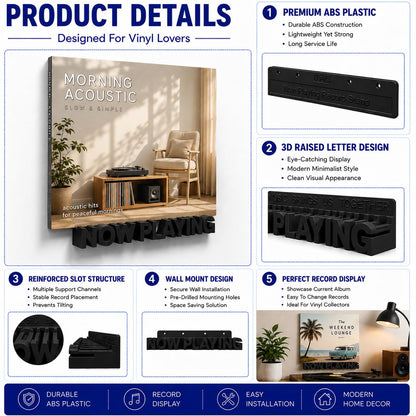 WPESI Now Playing Vinyl Record Stand, Wall Mount Display for Albums, Hanging Record Storage Holder (Black)