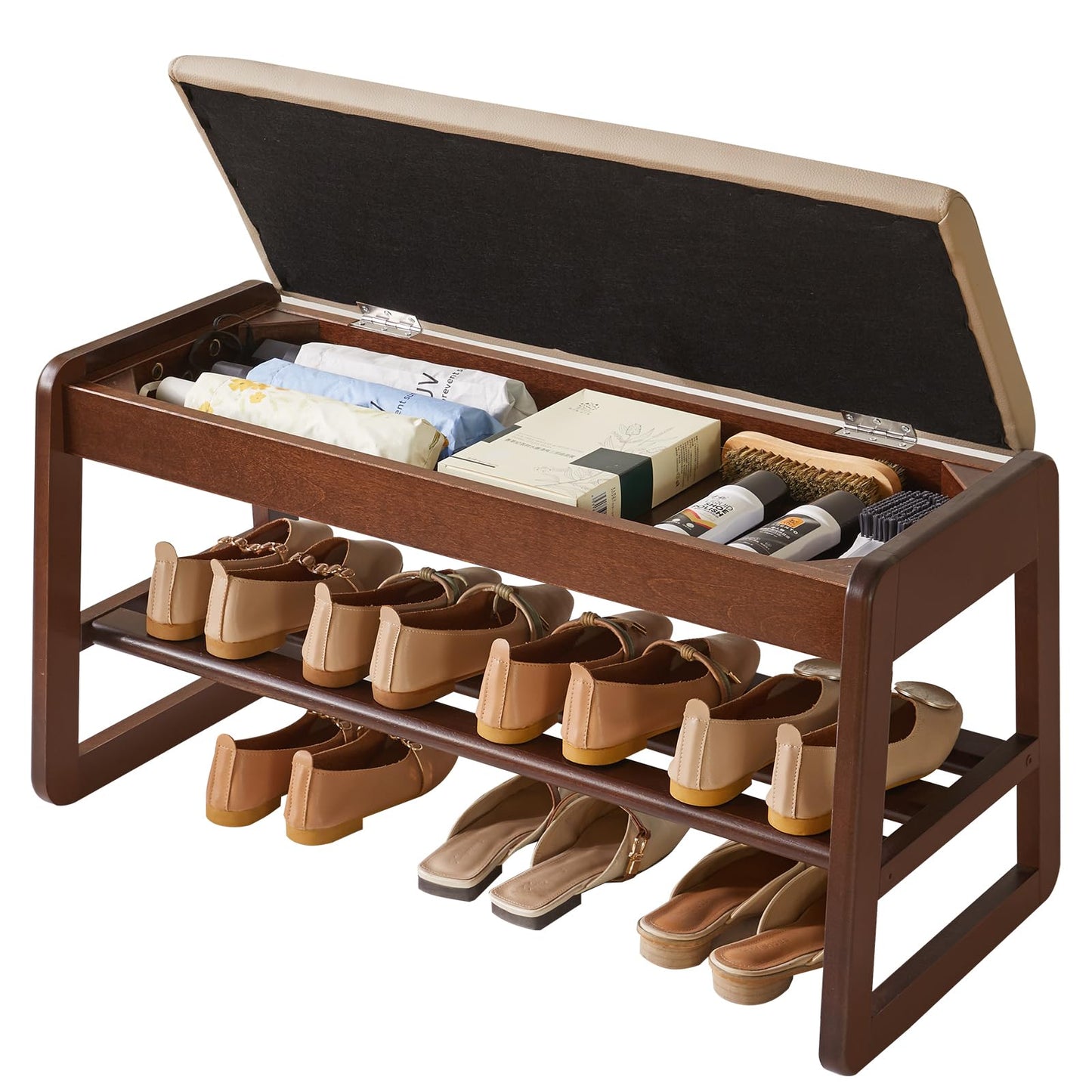 Aibiju Solid Wood Shoe Storage Bench, 2 Tier Shoe Rack with Hidden Storage, 31.5 Inch Wooden Storage Organizer for Entryway Hallway Living Room