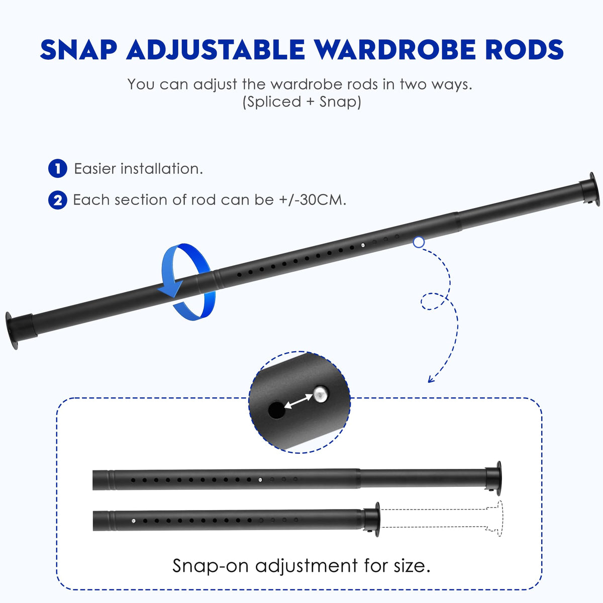 Wardrobe Rail Extendable, 32MM Stainless Steel Wardrobe Rod Black 74-160cm, Heavy Duty Clothes Hanging Pole With Screws and Fixing Sockets for