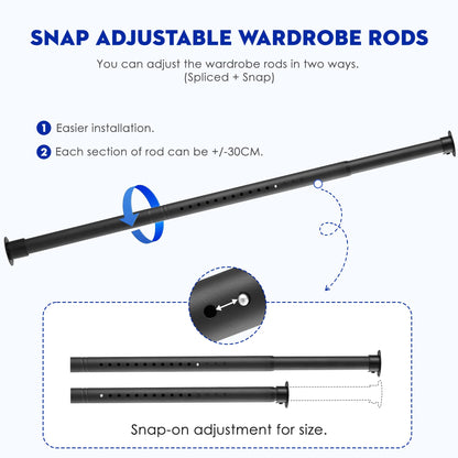 Wardrobe Rail Extendable, 32MM Stainless Steel Wardrobe Rod Black 74-160cm, Heavy Duty Clothes Hanging Pole With Screws and Fixing Sockets for