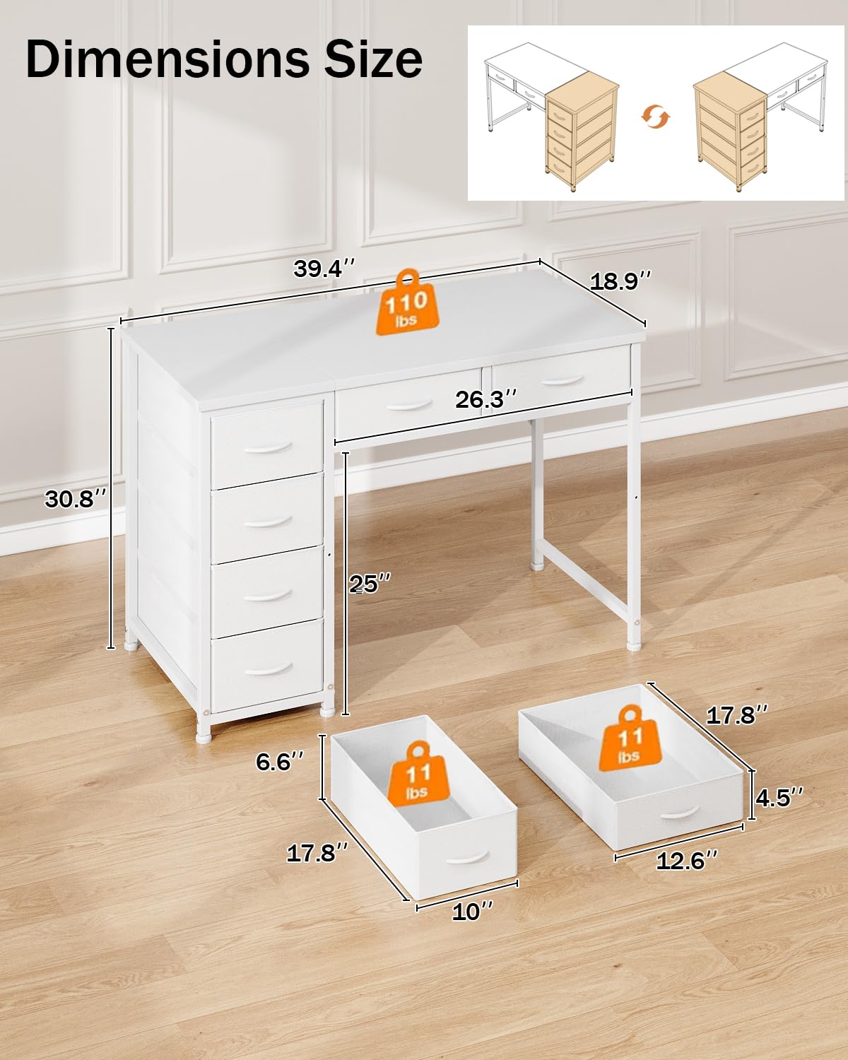 MUTUN 100x48 cm Desk, Small Computer Desk with 6 Fabric Drawers, Reversible Home Office Desk with Adjustable Feet, Work Desks for Office, Study