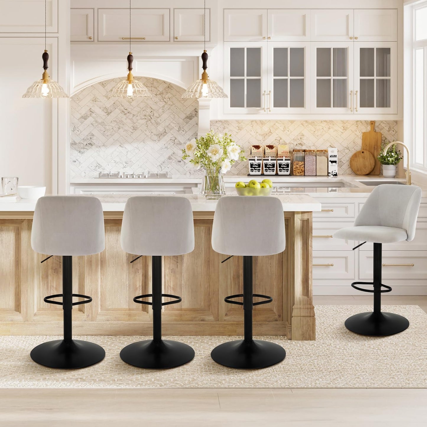 COLAMY Breakfast Bar Stools Set of 4, Modern Swivel Kitchen Stool, Adjustable Upholstered Barstools Counter Height with Square Open Back for Bar