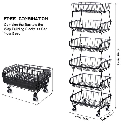 BRIAN & DANY 6 Tier Vegetable Storage Rack, Stackable Fruit Vegetable Stand with Lockable Casters and 5 S-Hooks for Kitchen, Pantry, Bathroom, Garage