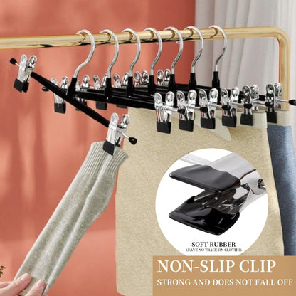 10Pack Trouser Hangers -Skirt Hangers with Adjustable Non Slip Clips Strong Chrome- Space Saving Pant Hangers,Heavy Duty Metal Hangers for Shorts