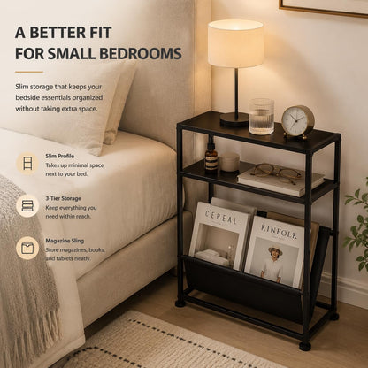 ZEXVIDA Small End Table for Small Spaces - Slim Side Table with Magazine Holder,2 in 1 Design Narrow End Table Living Room,Skinny Bedroom Nightstand