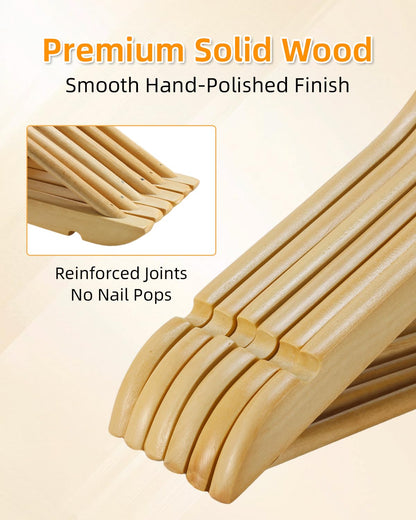 Hangerman Wooden Clothes Hangers - 20 Pack Solid Wood Coat Jacket Hangers with Non-Slip Trouser Bar and Notches, 360° Swivel Hook, Natural