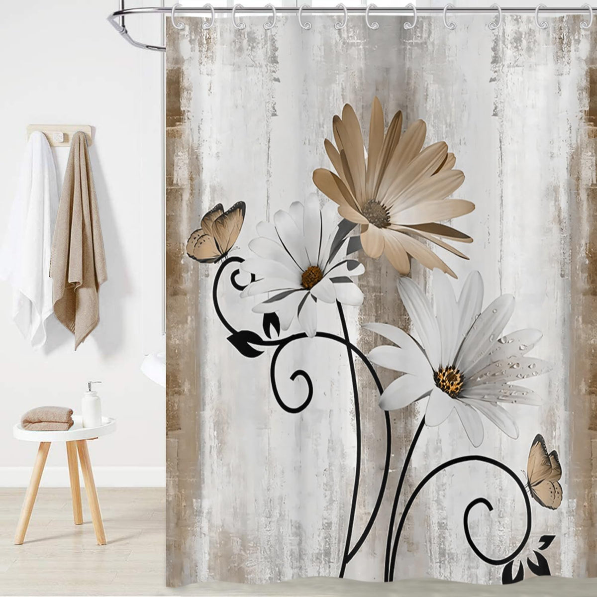 Hnmdmyi Farmhouse Floral Shower Curtain 180x200, Rustic Brown Daisy Flowers and Butterfly on Country Wooden Board Bathroom Curtains Waterproof