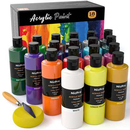 Nicpro 18 Colors Large Acrylic Paint Set, 8.45 oz./ 250 ml Artist Painting Supplies Bulk Non-Toxic For Multi Surface Canvas, Wood, Fabric, Leather,