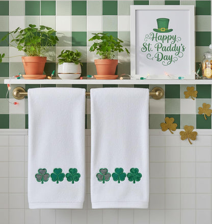 Serafina Home St. Patrick's Day Irish Hand Towels: Two Toned Green Shamrock Clover Embroidery, 100% Cotton, White (Clover)