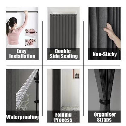 Momooda Waterproof Folding Shower Curtain, Heavy Duty Anti Mould Linen Shower Curtain, Magnetic Sripe Splash-proof, Fast Closing, Grey, 120x200cm
