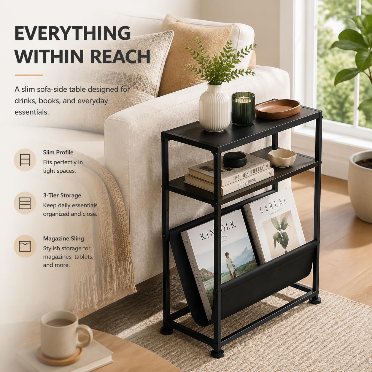ZEXVIDA Small End Table for Small Spaces - Slim Side Table with Magazine Holder,2 in 1 Design Narrow End Table Living Room,Skinny Bedroom Nightstand