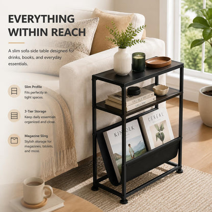 ZEXVIDA Small End Table for Small Spaces - Slim Side Table with Magazine Holder,2 in 1 Design Narrow End Table Living Room,Skinny Bedroom Nightstand