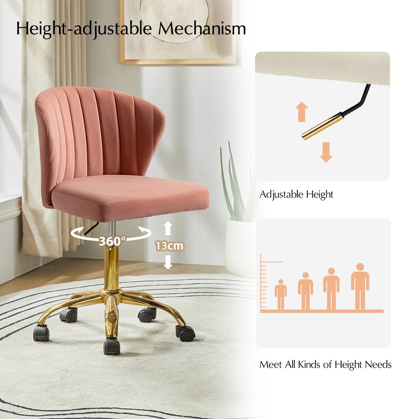HULALA HOME Height Adjustable Swivel Desk Chair with Gold Base, Pink