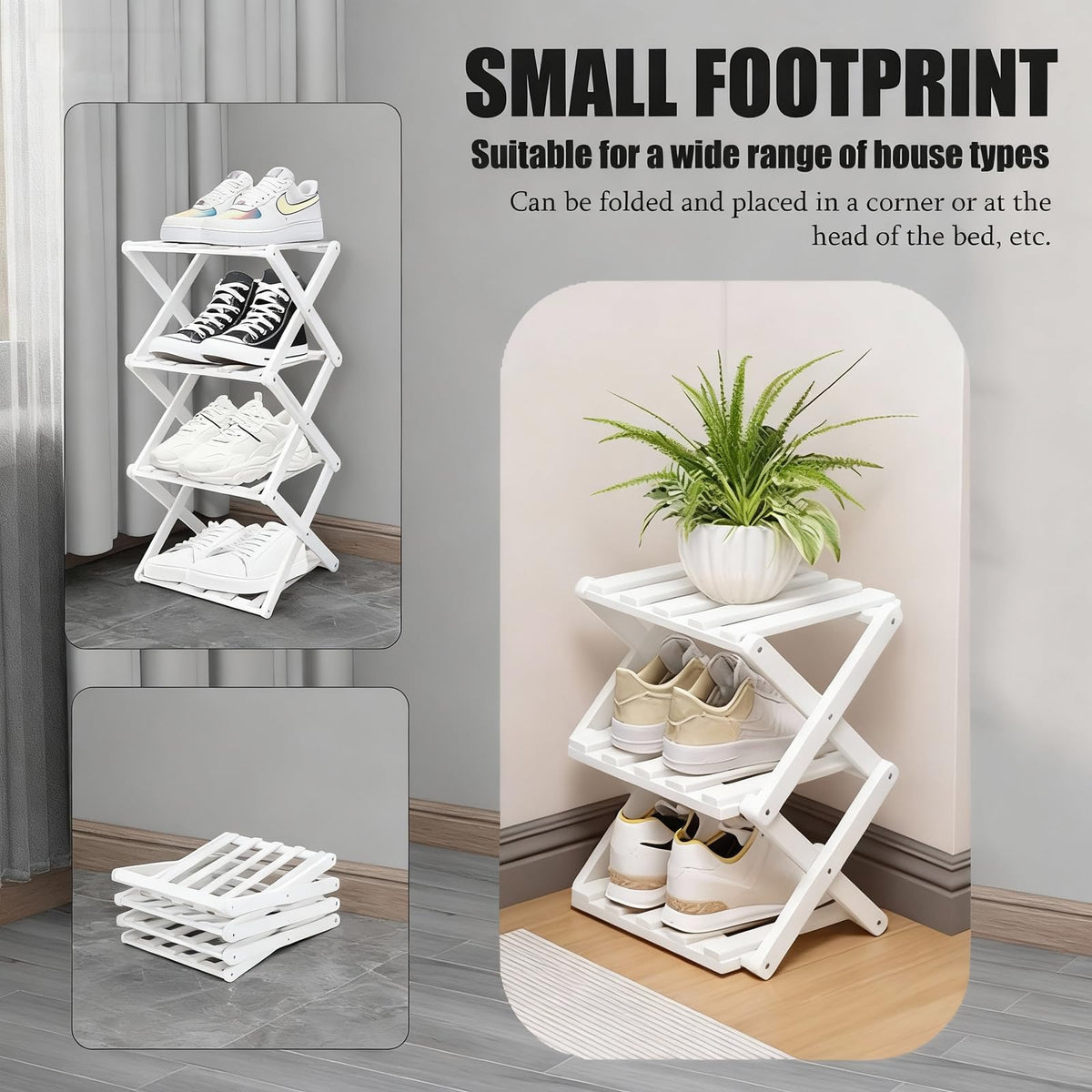 GIRYES Small Shoe Rack White, 3 Tier Bamboo Foldable Shoes Organizer Free Standing Shelf for Entryway, Bedrooms, Closet, Living Room Corner