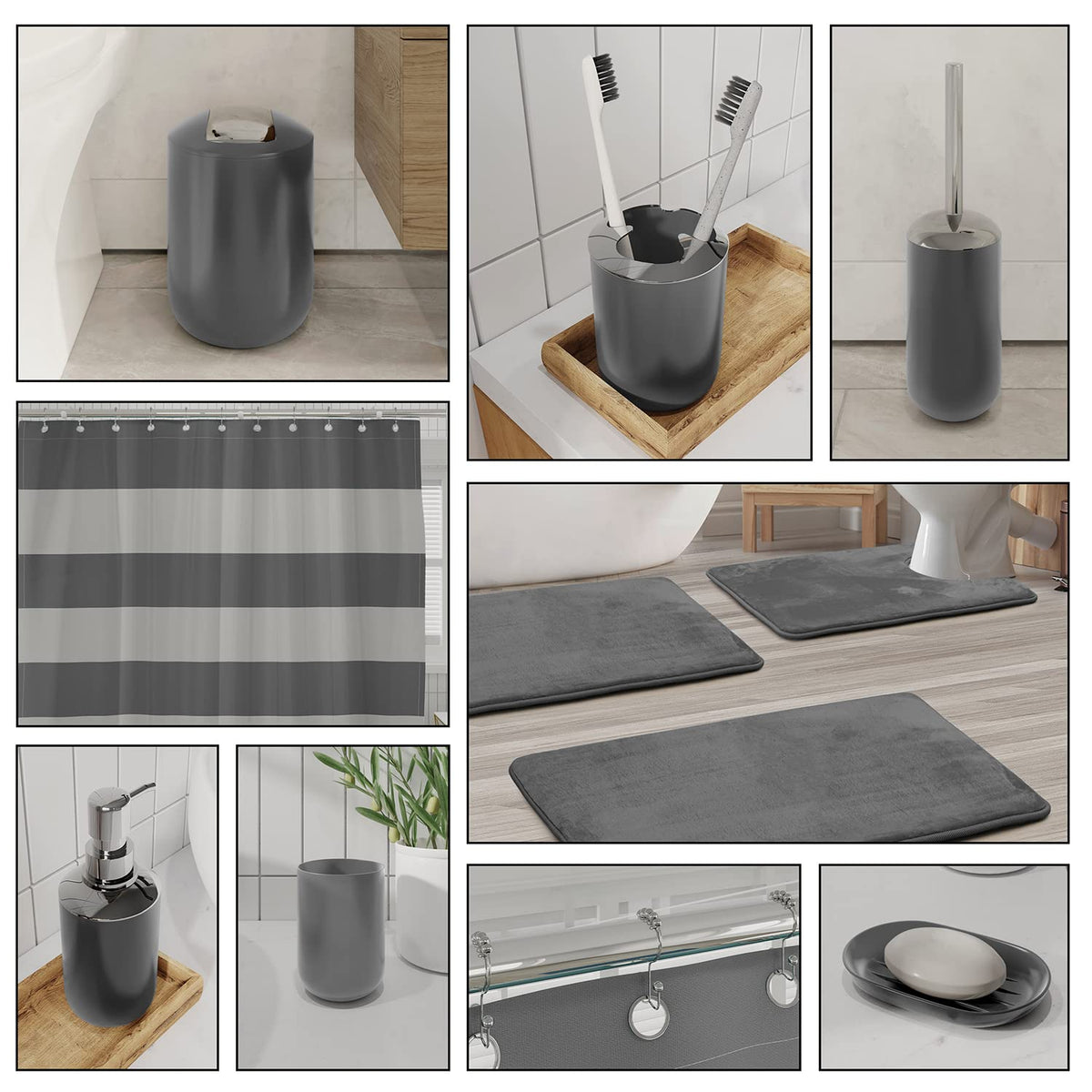 Clara Clark Gray Bathroom Accessories Set Complete with Bathroom Rugs Set and Shower Curtain Set, 12 Piece Bathroom Sets with Rugs and Accessories