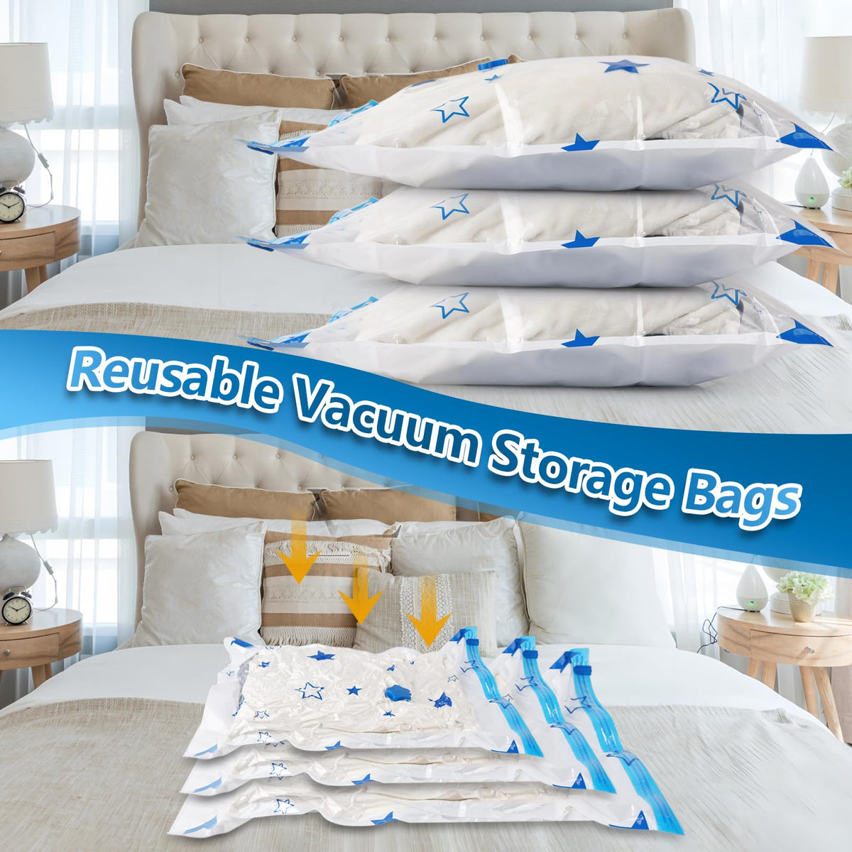 UOUNE Vacuum Storage Bags, 6 Combo (2 Jumbo, 2 Large, 2 Medium) Reusable Space Saver Bags Vacuum Compression Zipper Storage Bags with Airtight Valve