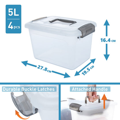 Citylife 4 Packs Plastic Storage Box with Lids Storage Boxs with Handle Clear Stackable Storage Boxes 5L, 27.8 x 19.5 x 16.4cm