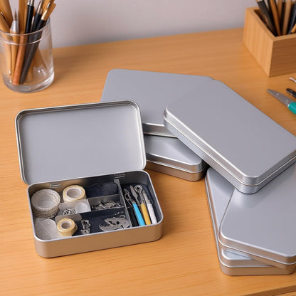 Thintinick 6 Pieces Rectangular Metal Hinged Tins, Silver, 15x9x3cm