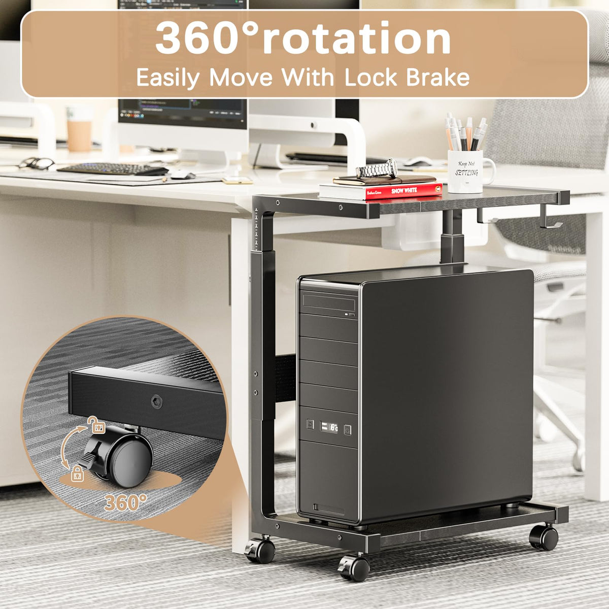 Computer Tower Stand, Adjustable 2-Tier CPU Holder Cart with Wheels
