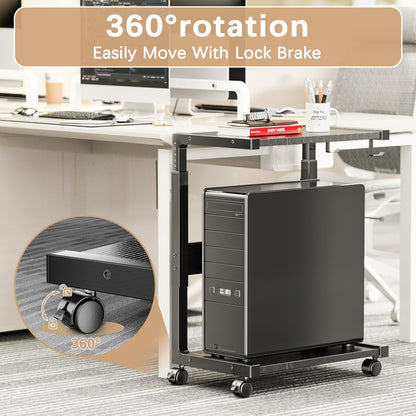 Computer Tower Stand, Adjustable 2-Tier CPU Holder Cart with Wheels
