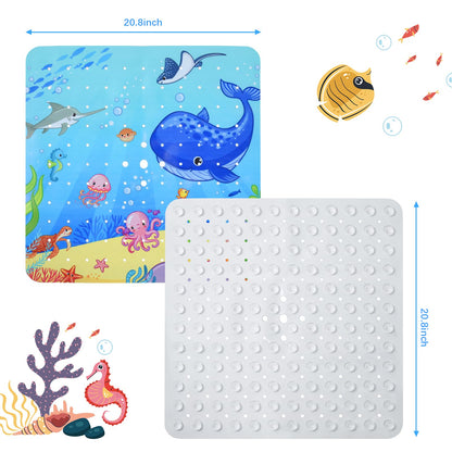 OTraki Baby Bath Mats Non Slip, 53x53cm Cartoon Shower Mat Marine Animal World Bathtub Mat with Suction Cups Drain Holes Machine Washable Kids Bath