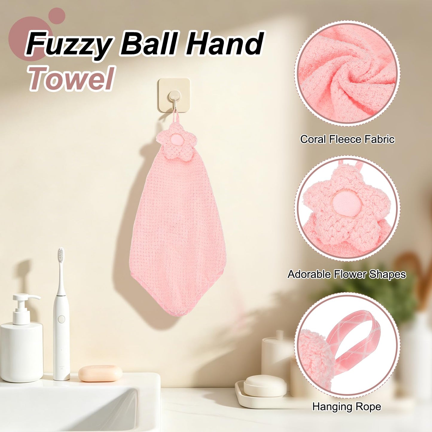 sourcing map 2Pcs Hand Towel, Soft Coral Fleece Hand Towels with Hanging Loop Decorative Flower Pattern Quick-Drying and Washable for Home Bathroom