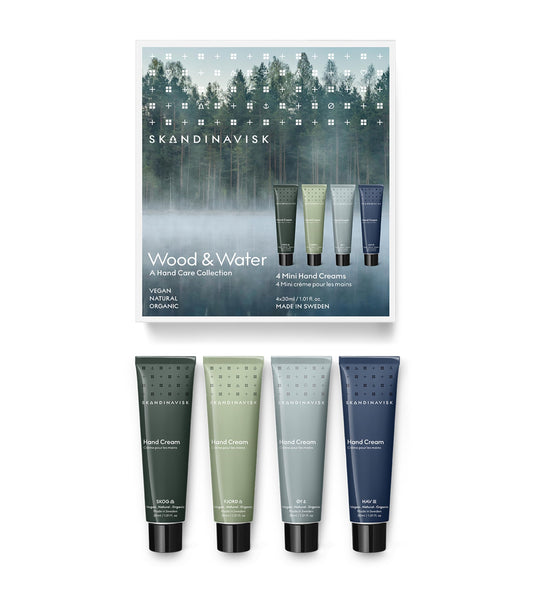 Skandinavisk Wood & Water Giftset of 4 Mini Handcreams. SKOG 'Forest', FJORD, ?Y 'Island' and HAV 'Sea'. Vegan Formula, 30 ml x 4