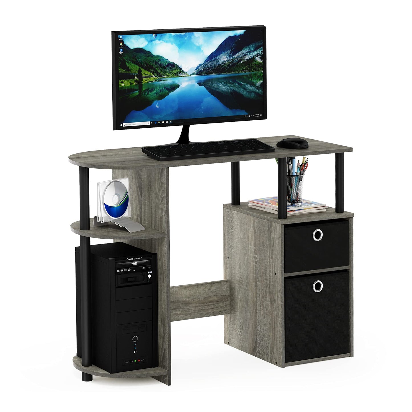 Furinno JAYA Simplistic Computer Study Desk with Bin Drawers, French Oak/Black