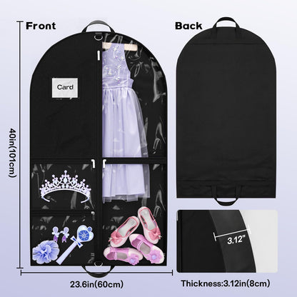 Costume Garment Bags for Dancers, Garment Bags with 3 Clear Zipper Pockets, Clothes Covers Protector Bags for Suits, Travel & Sports Jersey