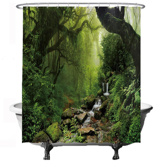 Ulticool Shower Curtain - Rainforest Nature Eco Plants Waterfall - 180 x 200 cm - Anti-Mould - Washable - Waterproof - with 12 Rings - Green
