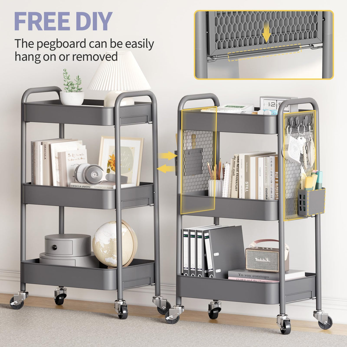 Urackify 3 Tier Storage Trolley on Wheels, Grey