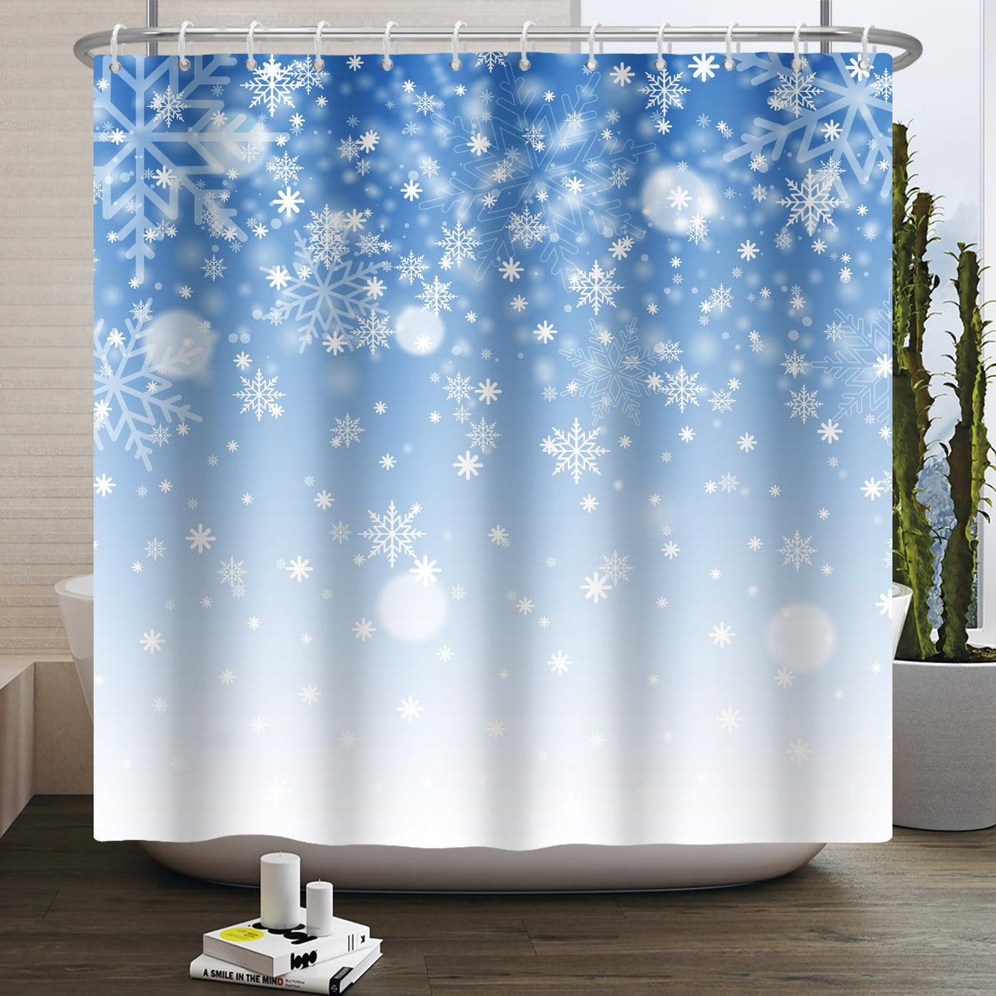 Kzzfqxb 183x183cm Shower Curtains with Plastic Hooks, Festival Christmas New Year Snowing Winter Beautiful Snowflakes Waterproof Polyester Fabric for