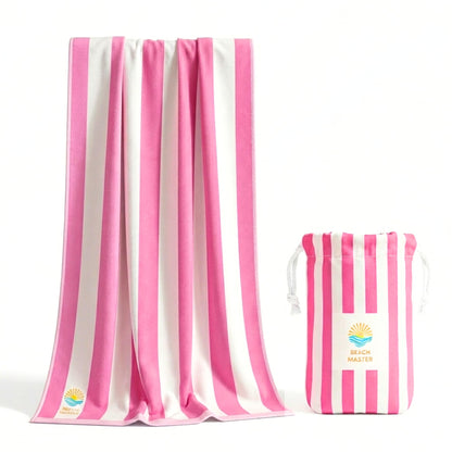 Beach Master Large Microfibre Beach Towel for Adults – Quick Dry & Sand Free Lightweight Travel Towel with Carry Bag, 160 x 80cm – Pink Stripe