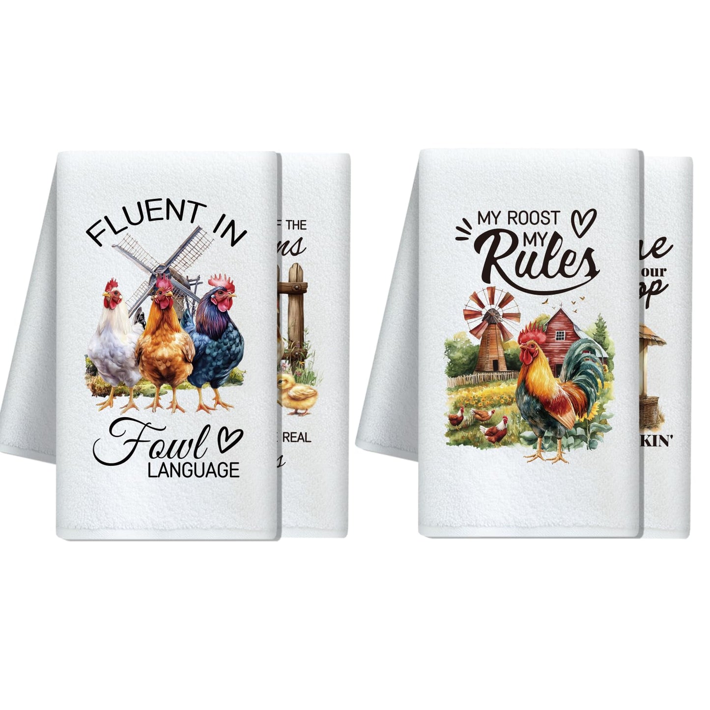 CUTHOLLOW Farm Rooster Decorative Kitchen Towels Set of 4, 60x40cm Soft & Absorbent Microfiber Dish Towel for Tea Coffee Bar Home, Best Gift for