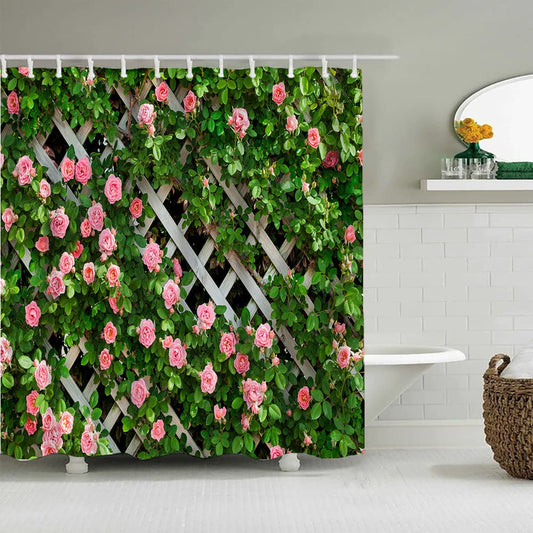 JIANGLANY Outdoor Shower Curtain Garden Fence with Pink Rose and Leaves Cloth Bathroom Curtain 3D Print Floral Shower Curtain with Beautiful Scenery,