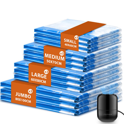 MONVANE Vacuum Compression Storage Bags for Clothes - 12 Pack Reusable Space Saver Bags with Wired Electric Air Pump for travel (3J + 3L + 3M + 3S)
