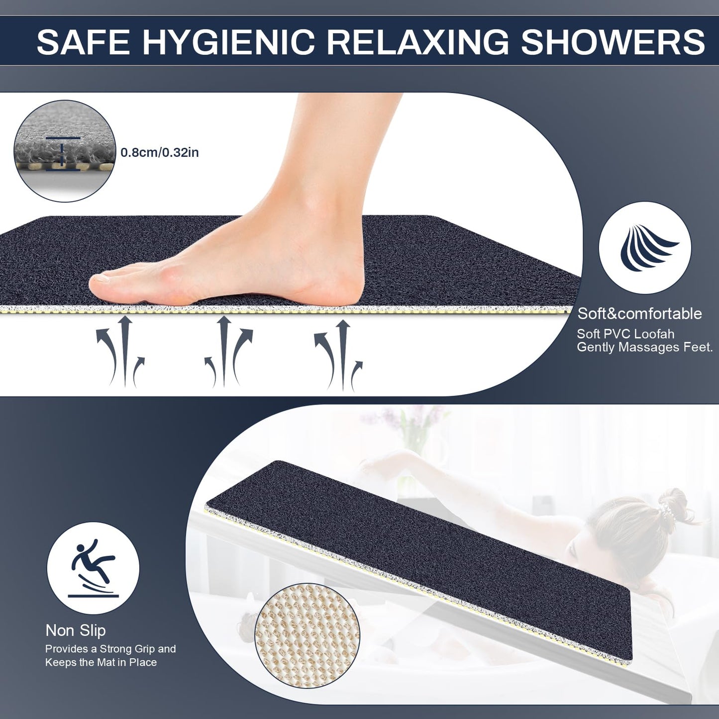 BLESWIN Shower Mat Non Slip 60x60CM, Shower Quick Dry Mats with Drain Hole, Square Antibacterial PVC Bath Mat for Inside Shower