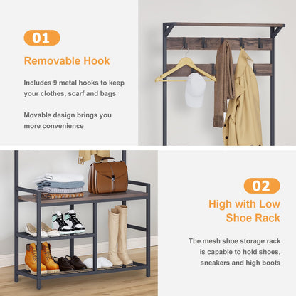 Industrial Coat Rack Freestanding Hall Tree 33"x12"x71.5" Vintage Brown
