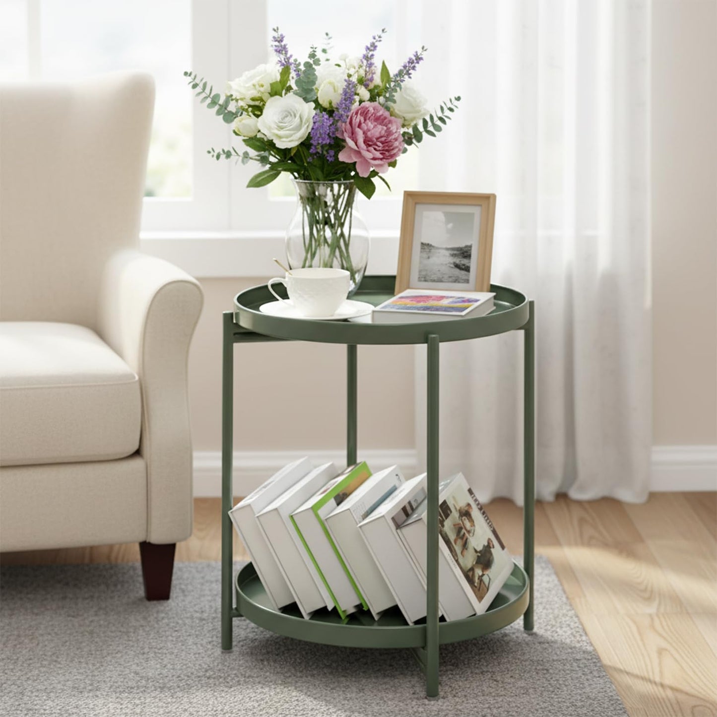 danpinera 2 Tier Metal Side Table with Removable Tray, End Table Outdoor Side Table Small Accent Table