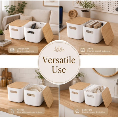 YAGOKKI 2 Pack Plastic Storage Boxes with Lid, 9.8 x 6.8 x 6.0 in Organising Boxes with Wood Lid, Stackable White Storage Box for Desktop Office