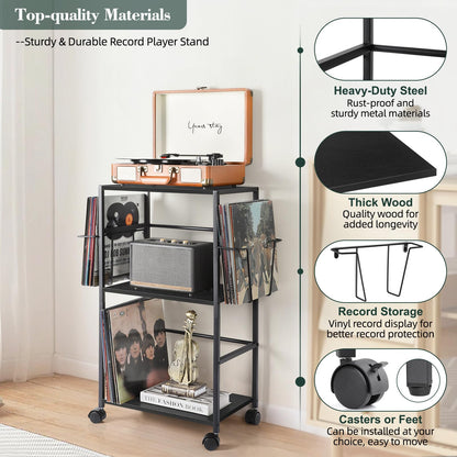 Bikoney Rolling Record Player Stand with Vinyl Storage for 150 Albums,Black